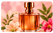 Amber perfume bottle with flowers and green leaves